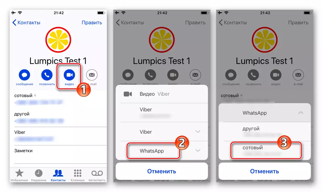 WhatsApp untuk opsi video iPhone di kartu kontak dari buku alamat iOS, pemilihan messenger, awal panggilan video