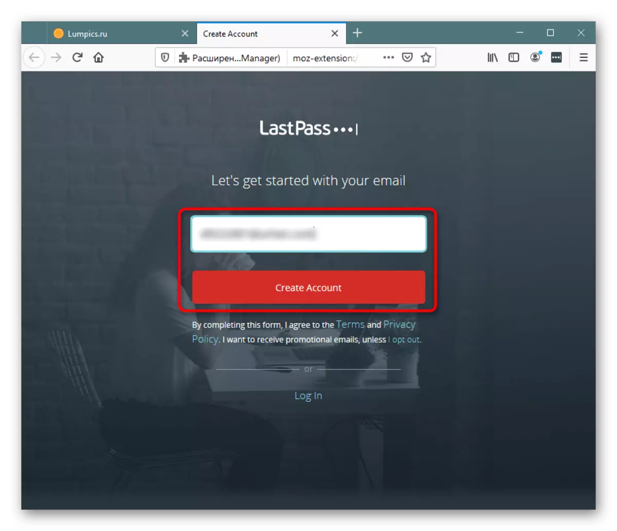 Input e-mel untuk membuat akaun LastPass untuk Mozilla Firefox