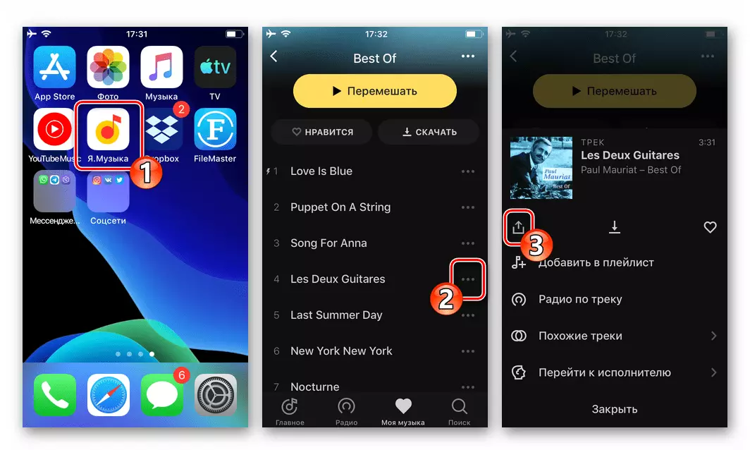 WhatsApp per iOS - Pulsante Condividi in Yandex.Music Program, permettendoti di trasferire una canzone attraverso il Messenger