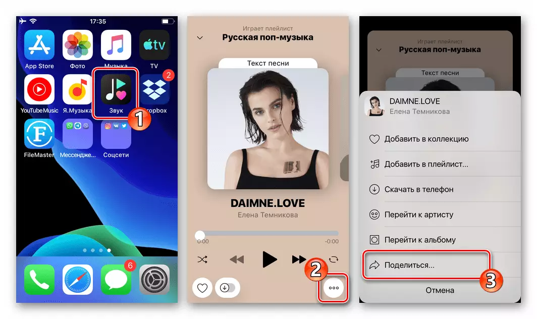 WhatsApp za IOS - Opcija udio u programu servisa Zvooq koji se koristi za prijenos audio snimke putem glasnika
