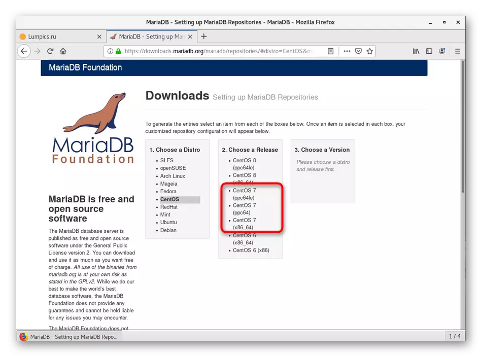 Selecting a version of the distribution kit for MARIADB in CentOS 7