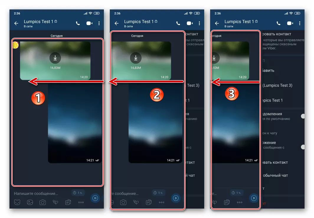 VIBER az Android számára - A titkos csevegési beállítások hívása menüben a területet a bal oldali üzenetelőzményekkel látja