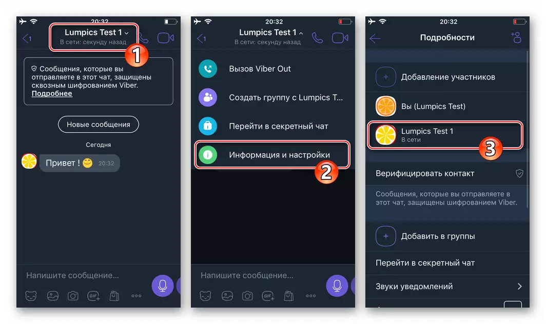 Viber për iOS Shikoni numrin e telefonit Interlocutor nga detajet e ekranit chat