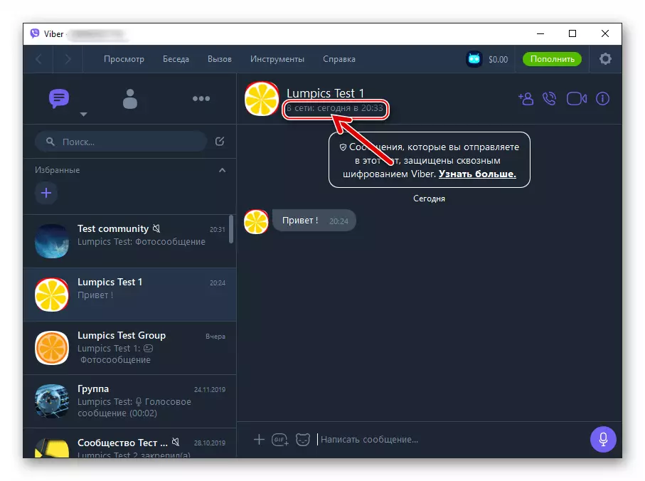 Viber per lo stato di Windows online nella finestra della chat in Messenger