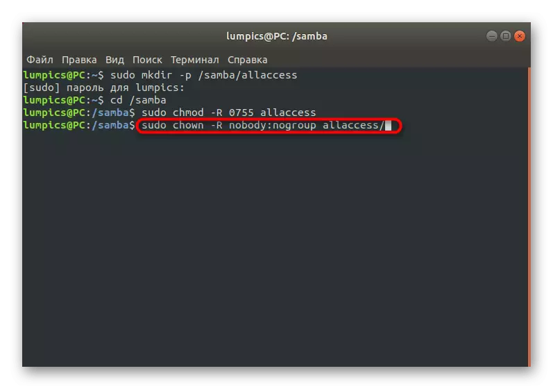 Perintah kedua untuk mengubah akses ke folder Samba yang tidak terlindungi secara umum di Linux