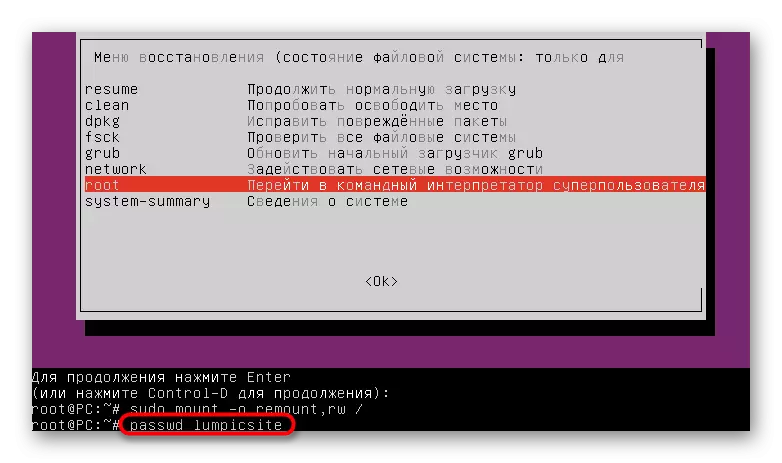 Ubuntu Kurtarma Komuta Hattı kullanıcı şifresinin sıfırlanması için bir komutu girin