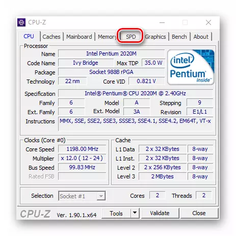CPU-Z ಯುಟಿಲಿಟಿ ವಿಂಡೋಸ್ 10 ರಲ್ಲಿ SPD ಟ್ಯಾಬ್ಗೆ ಹೋಗಿ