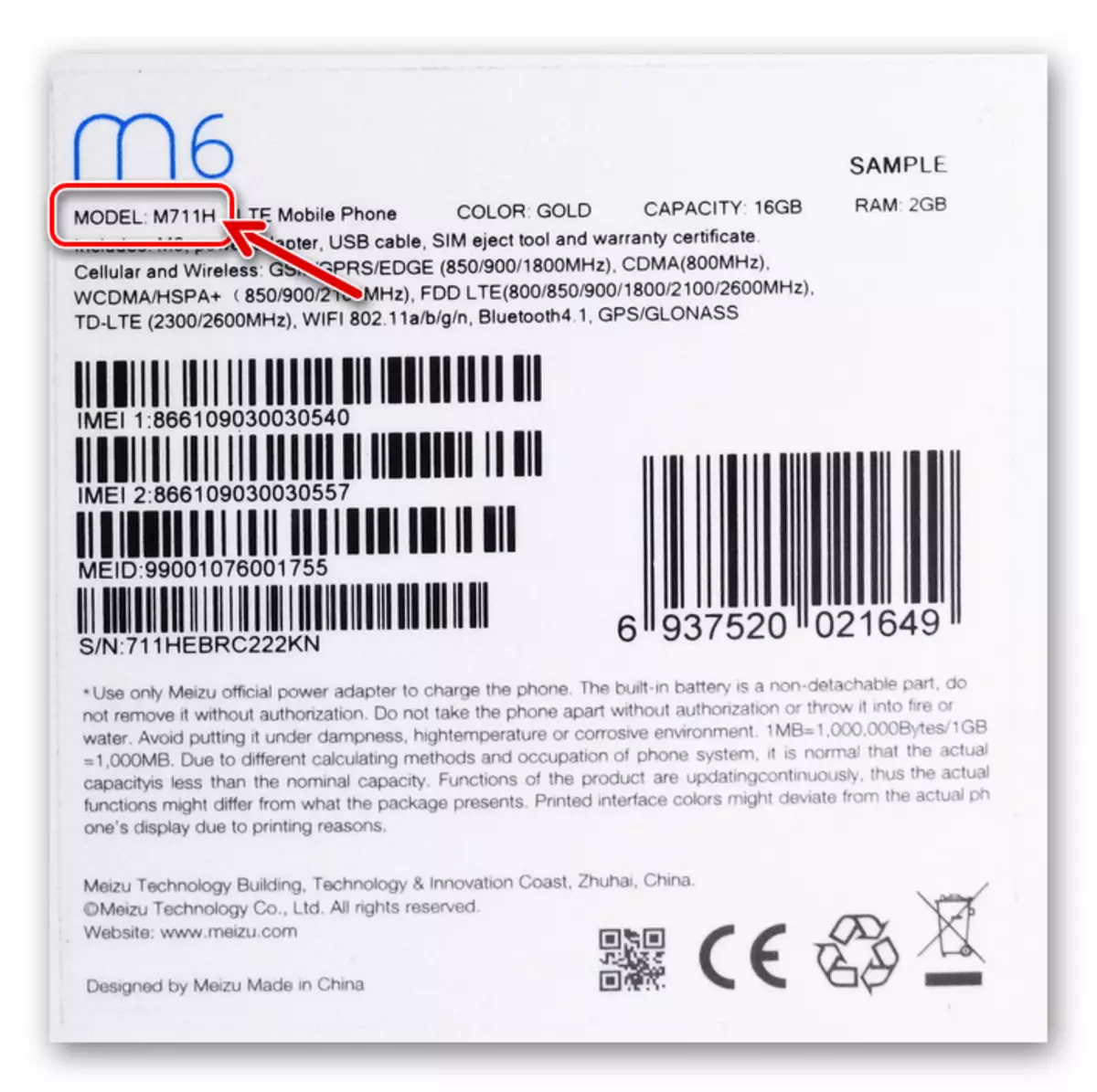 MEIZU M6 Modificatie van de smartphone op de verpakking van het apparaat