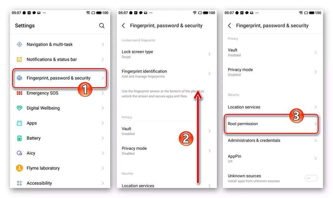 Meizu M6 Root Permissionsobjekt i avsnittet Fingeravtryck, Password Security FlyMe 8 Inställningar