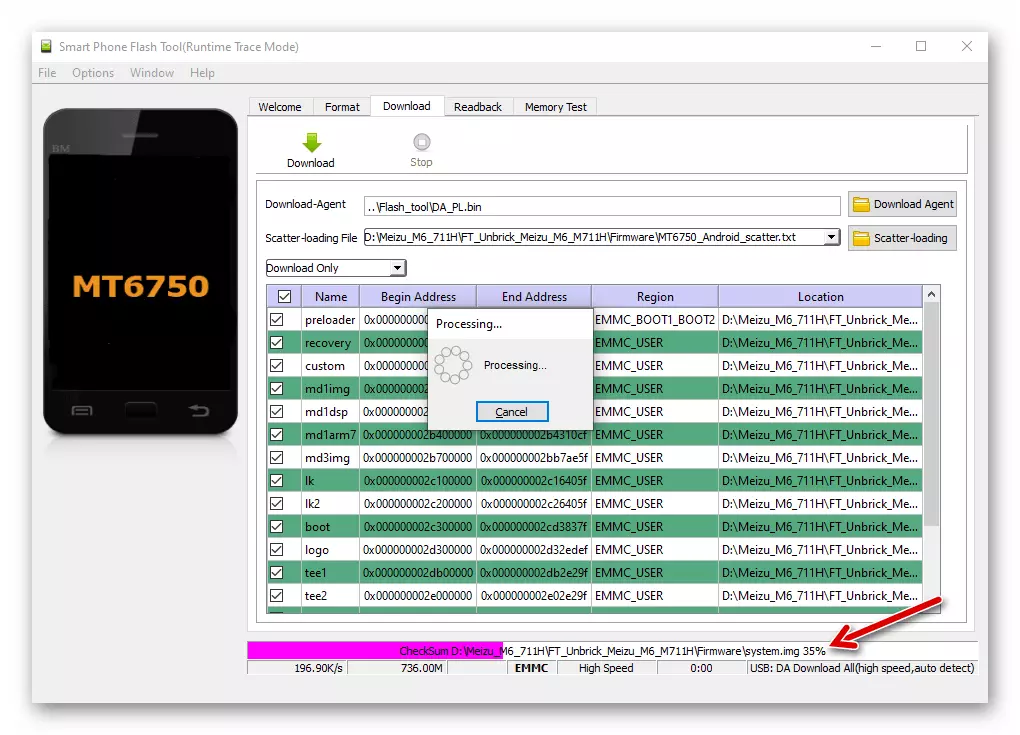 Meizu M6 SP Flash Tool tarkistaa tarkistussumman firmware kuvia