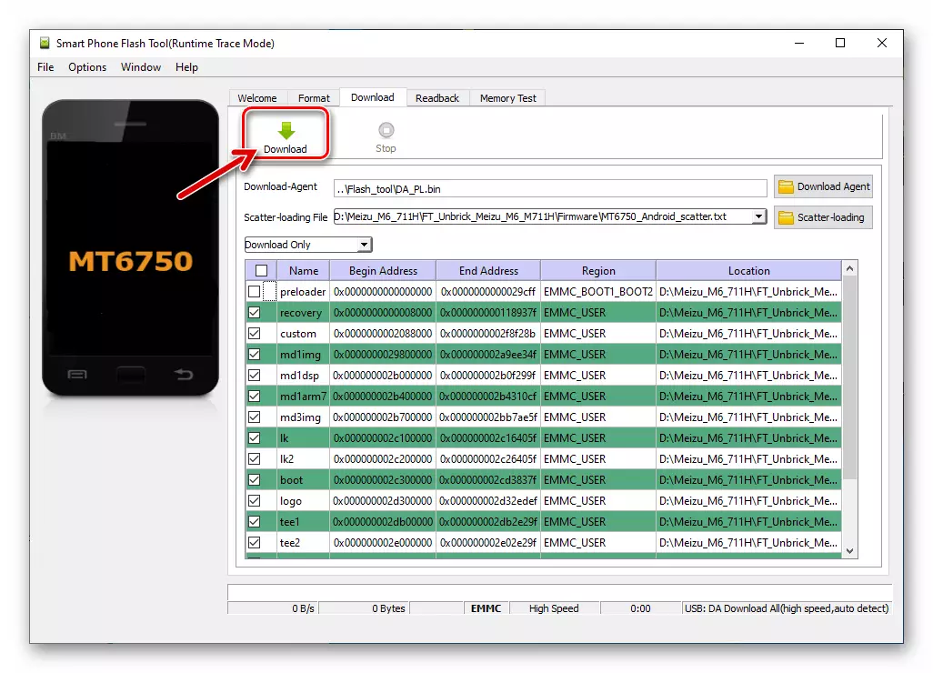 Meizu M6 SP Flash Tool StartPhone de recuperació de microprogramari: descarregar el botó Descarregar