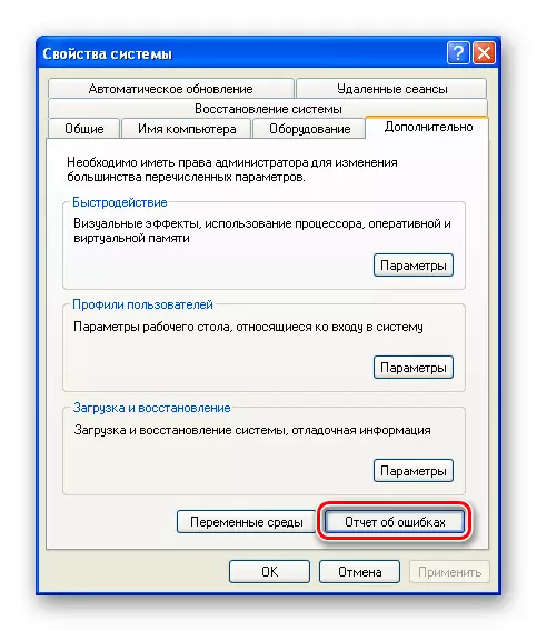 Overgang naar uitschakelen Foutrapport in Windows XP