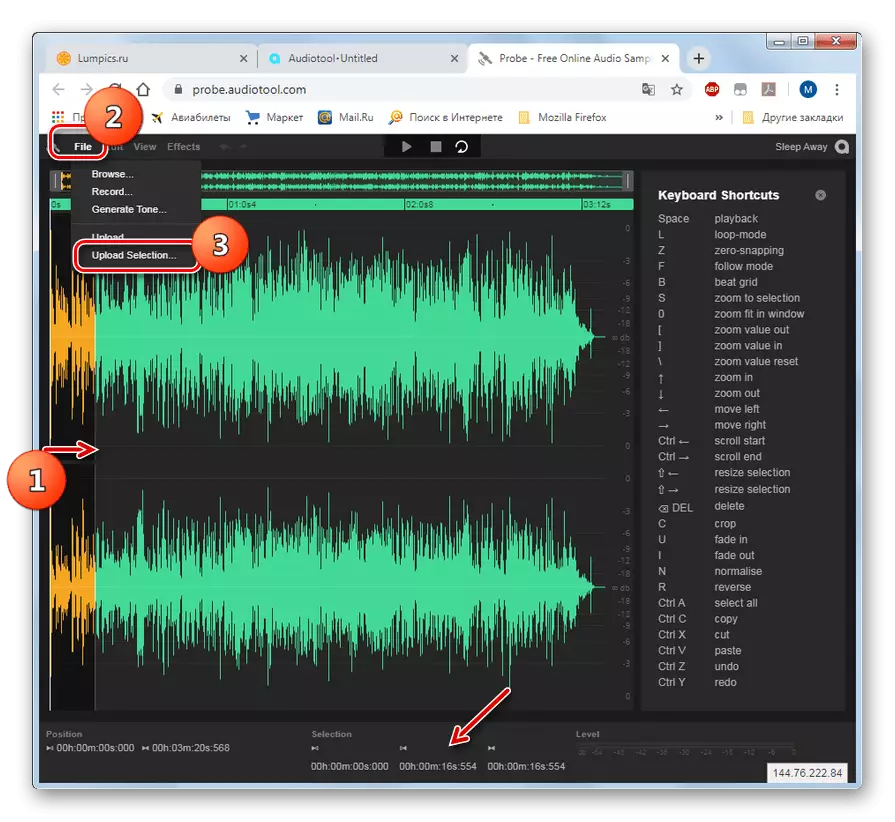 Selectie van melodie segment voor het downloaden voor online studio Audiotool in het open venster in Google Chrome-browser