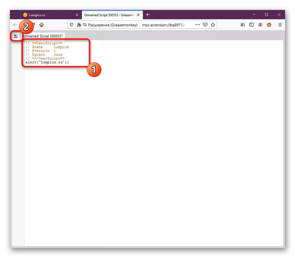Kód vložení a ukládání skriptu mastlahoířského v mozille Firefox