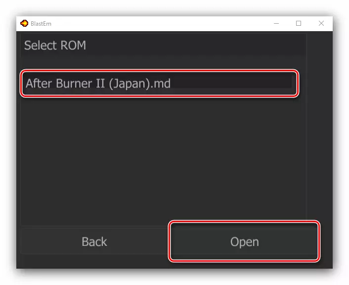 Selección da imaxe ROM en formato MD para abrir no emulador de blastem