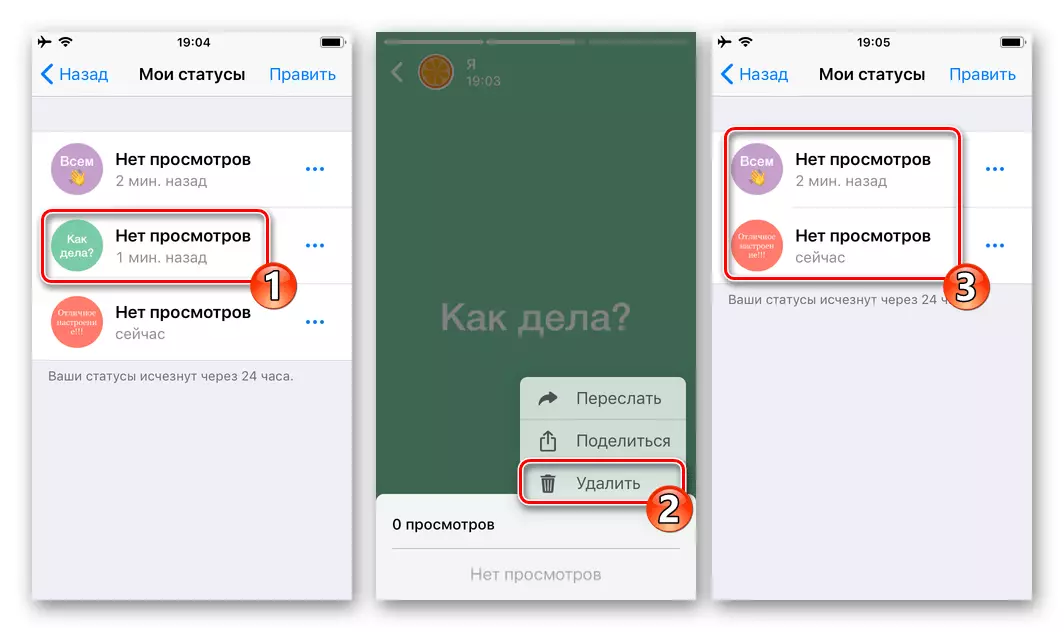 WhatsApp per iOS Eliminazione di tutti gli aggiornamenti di stato alternativamente dalla modalità di visualizzazione a schermo intero