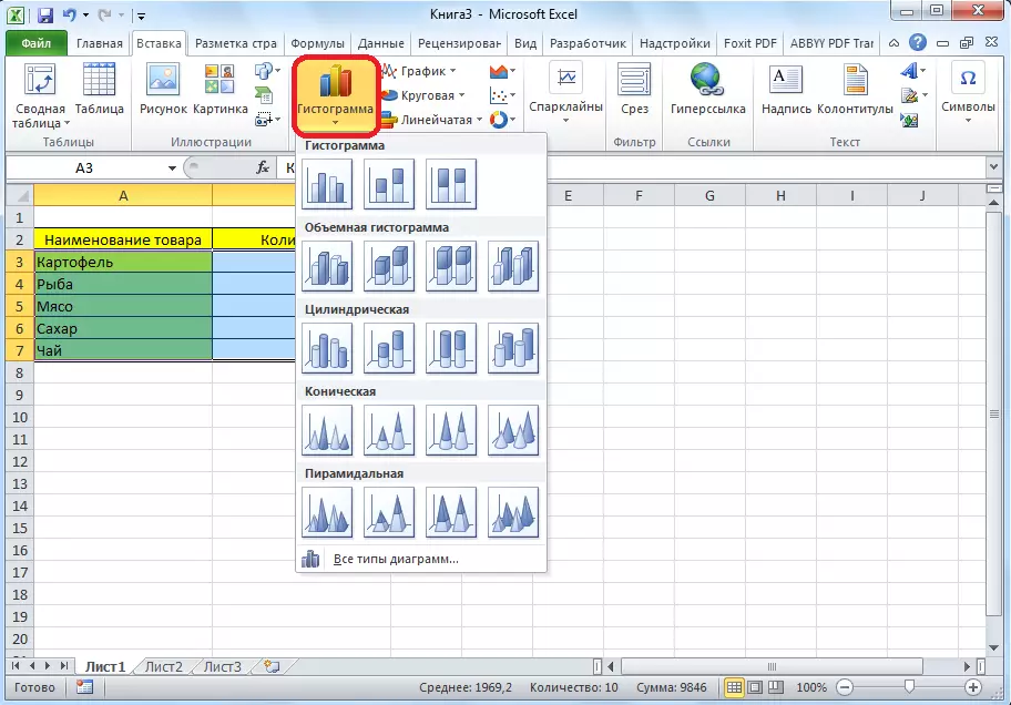 Subspecies ya histograms katika Microsoft Excel.