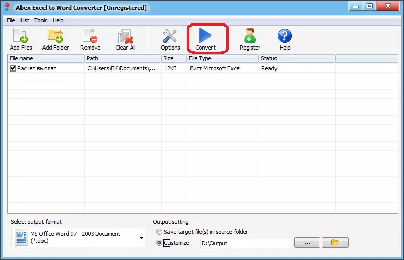 Running Conversion dalam ABEX Excel to Word Converter