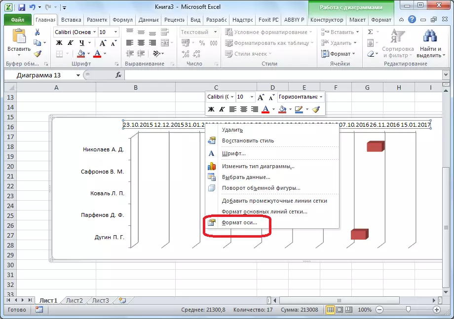 Menyang format sumbu horisontal ing Microsoft Excel