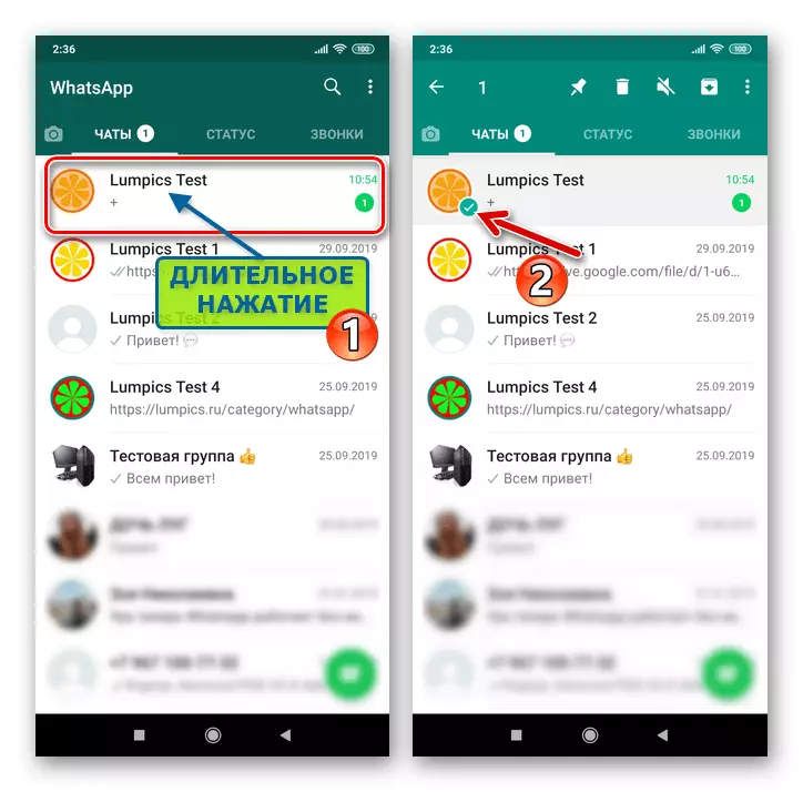 WhatsApp para a asignación de Android do marcador de diálogo ou grupo na pestana Chats Messenger