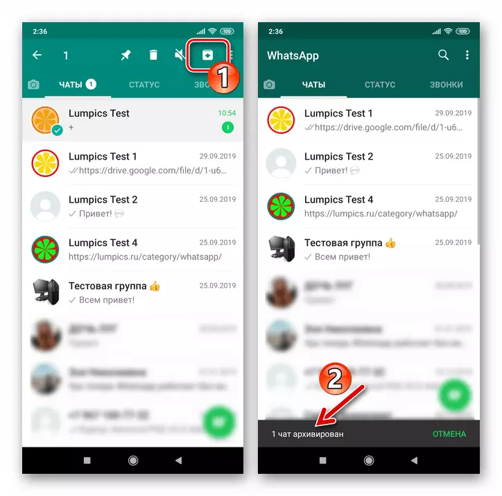 WhatsApp para o botón Android Archiving calquera chat