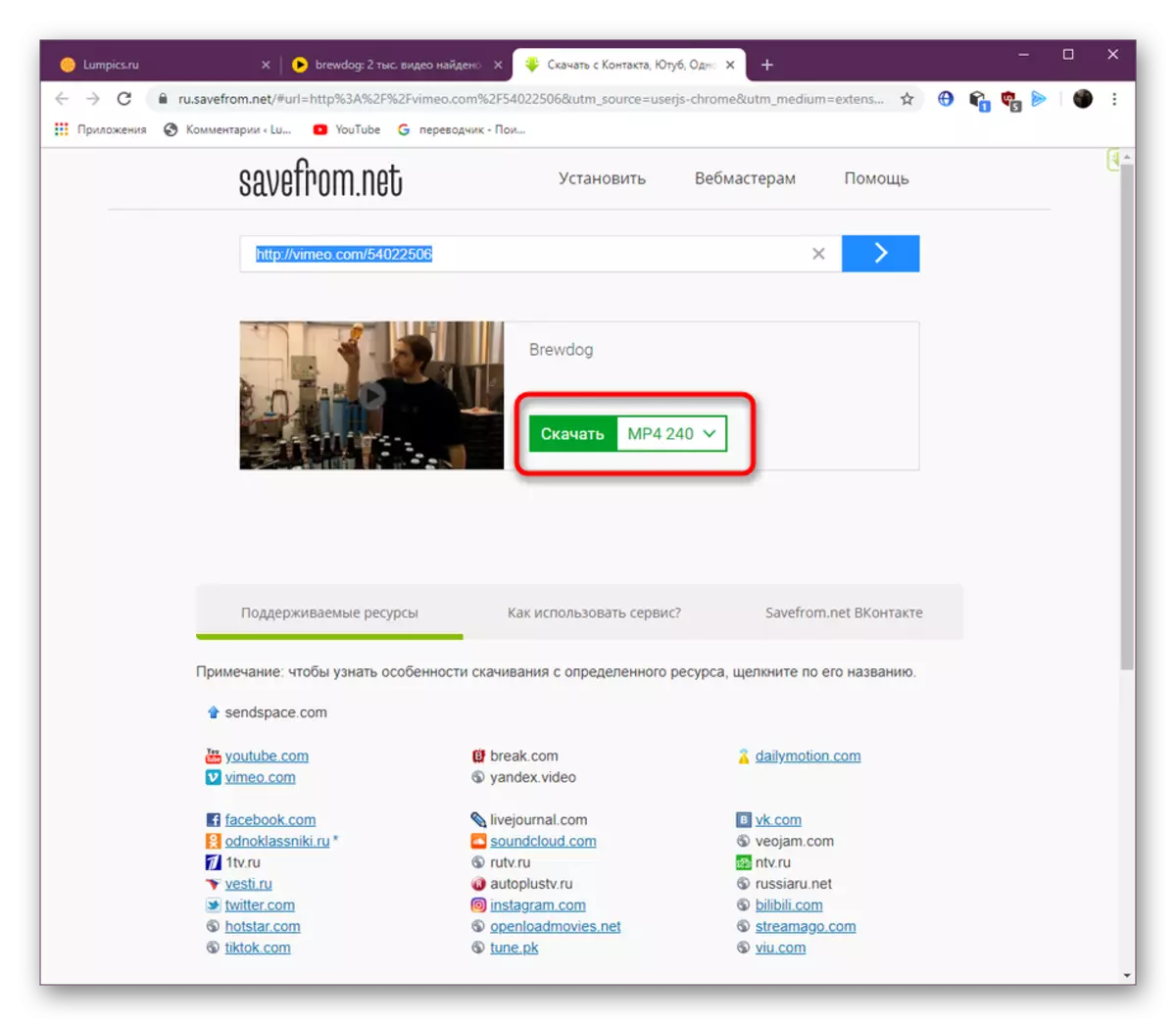Videon lataamisen muodon valitseminen Yandex.videon kautta, kun käytät Plug-in Savefrom.net