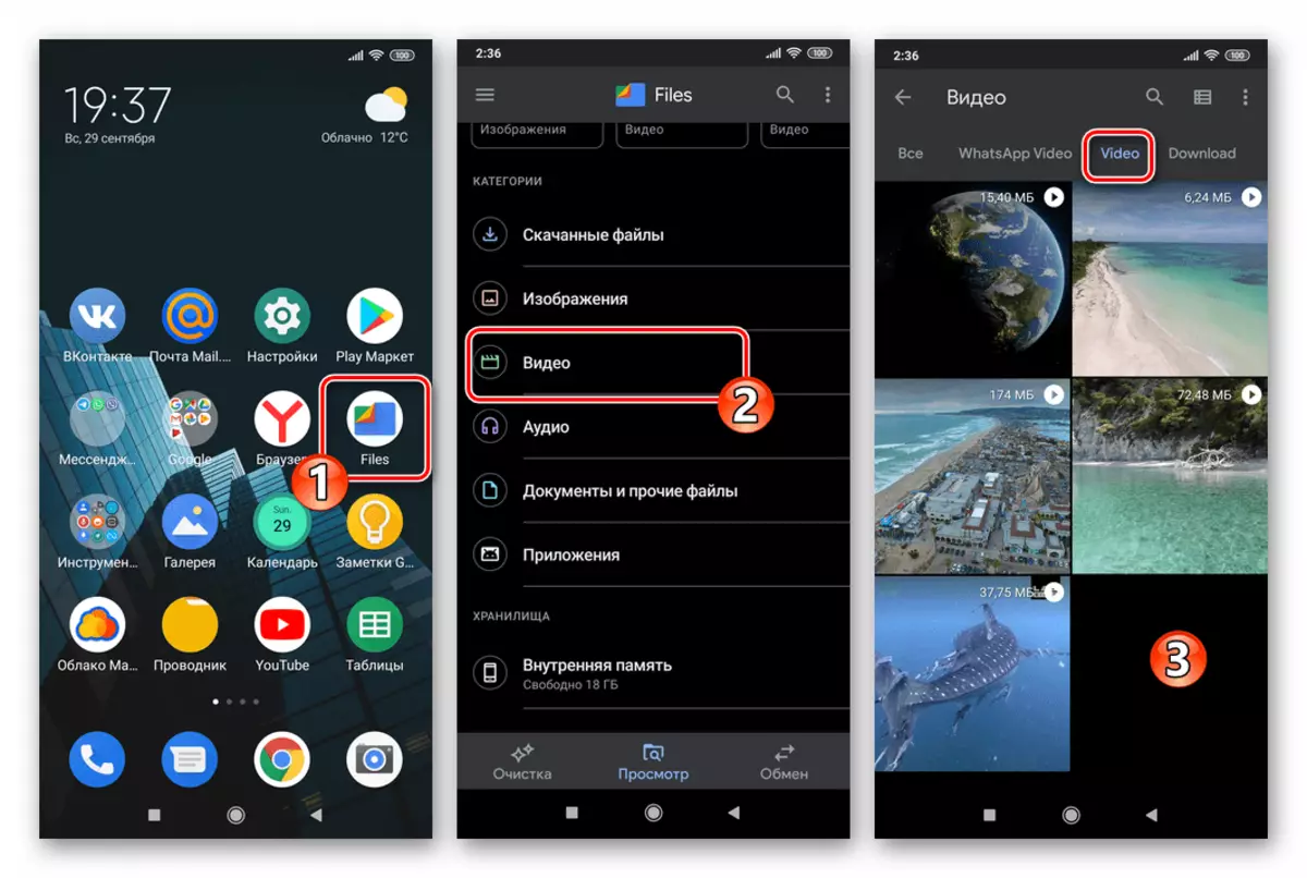WhatsApp untuk Android menjalankan manajer file, beralih ke folder dengan video yang dikirim melalui messenger