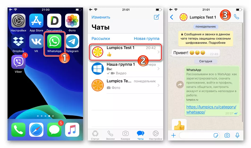 WhatsApp для iOS, запуск мессенджера, пераход у чат з атрымальнікам відэа