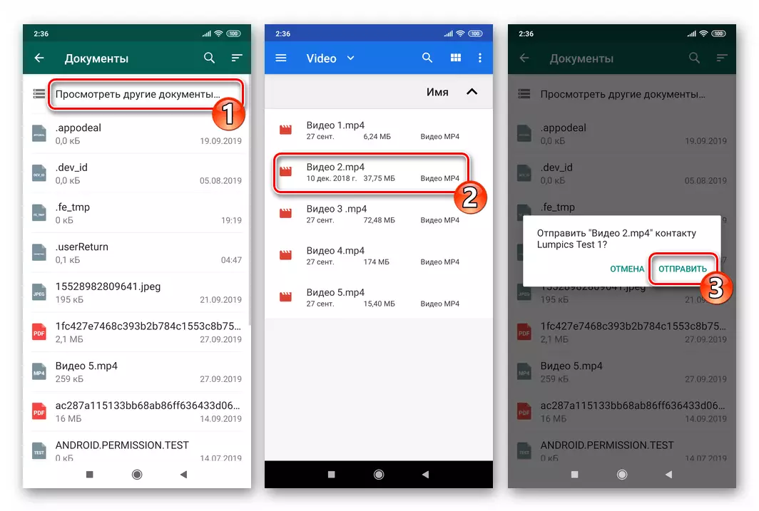 WhatsApp para Android Selección de un archivo de video para enviar a través del Messenger sin compresión