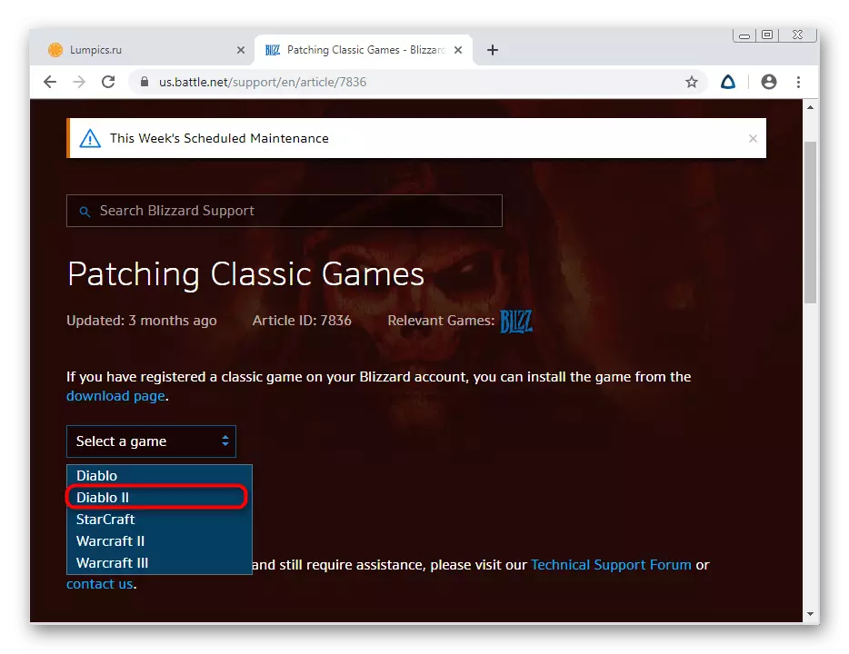 Selección de Diablo 2 en Windows 7 para descargar un parche do sitio web oficial