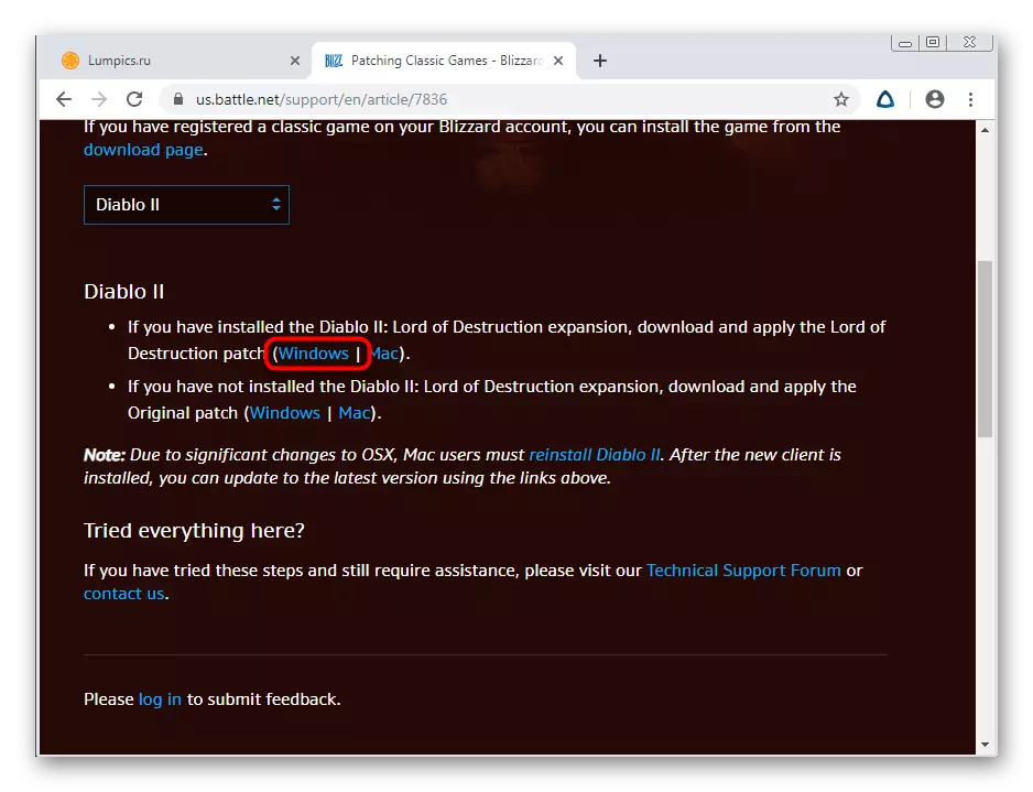 Escollendo unha versión de parche Diablo 2 en Windows 7 no sitio web oficial