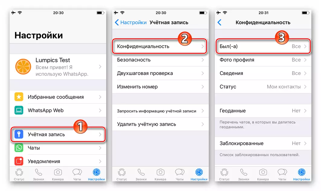 WhatsApp para la configuración del estado de iOS fue (a) en la sección Confillibilidad de los parámetros Messenger