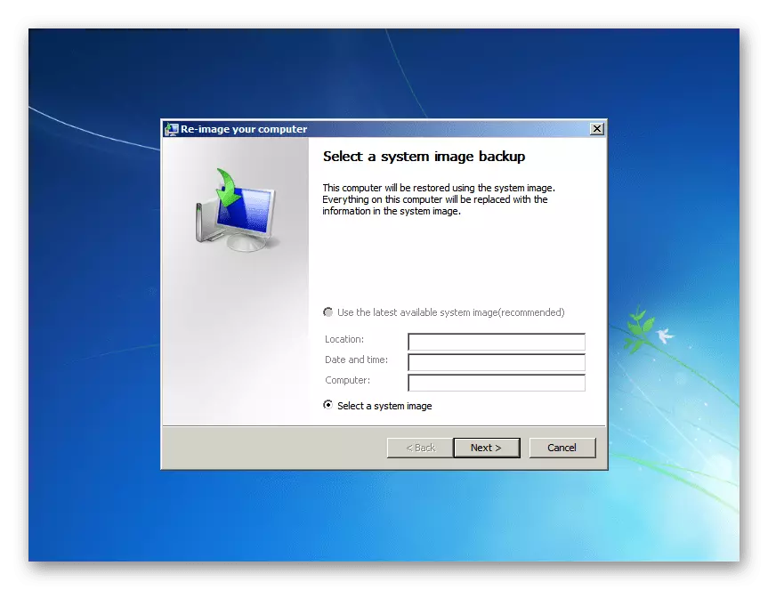 Spuštěný nástroj pro obnovu systému snímků v okně Možnosti obnovení systému Windows 7