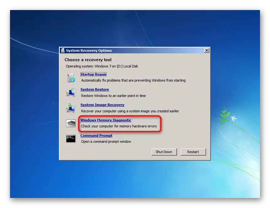 Shkoni në Windows Memory Diagnostics Utility në opsionet e rimëkëmbjes së sistemit Windows 7
