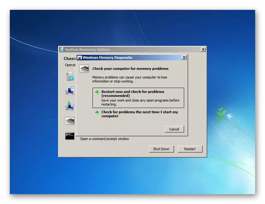 Windows 7 терезесінде Windows Memory Diagnostics қызметтік бағдарламасын іске қосу опциялары Windows 7 терезесінде