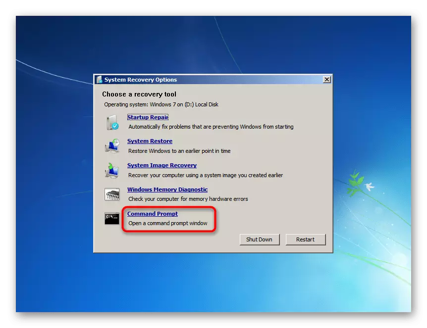 Pag-adto sa Command Prompt Utility sa mga kapilian sa pagbawi sa sistema sa Windows 7