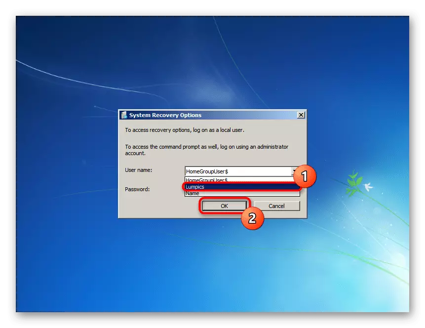Uključivanje računa u opcijama oporavka sustava Windows 7