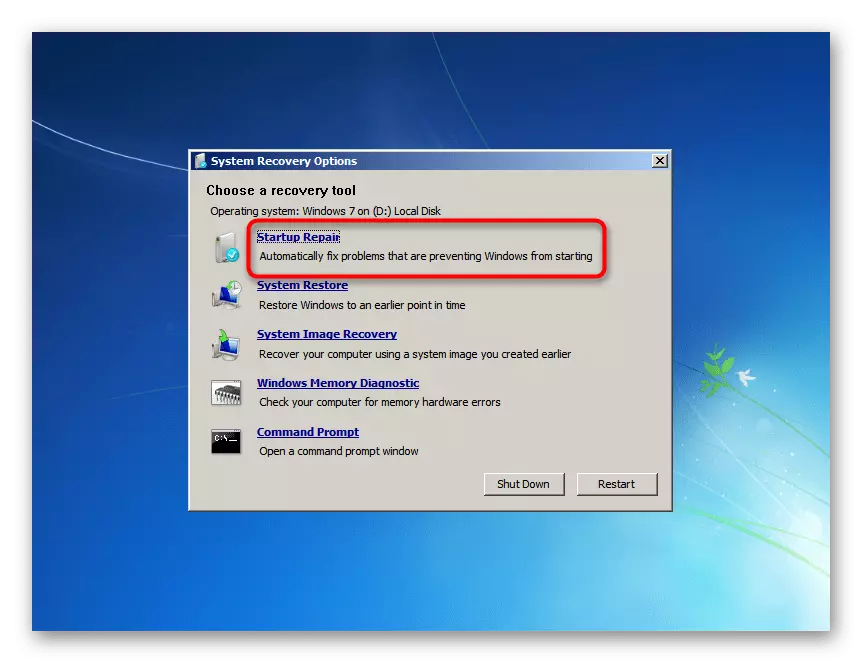 Gean nei it opstartprate-nuttigens yn 'e opsjes fan systeemherstelopsjes Windows 7