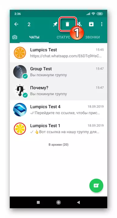 WhatsApp para el icono de Android Eliminar en el menú Acción aplicable a grupos marcados