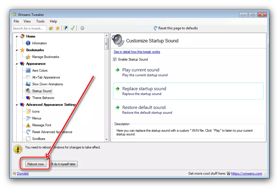 Restartujte systém Windows 7 po výměně zvuku spuštění v WinAero Tweaker