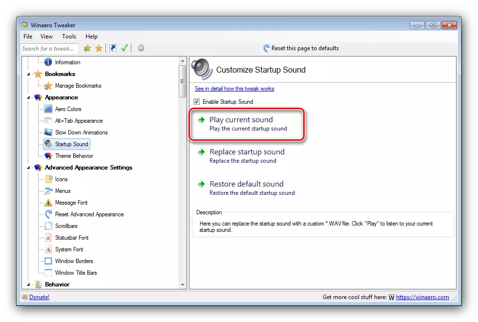 Verificarea audio de lansare Windows 7 înainte de a înlocui Winoero Tweaker