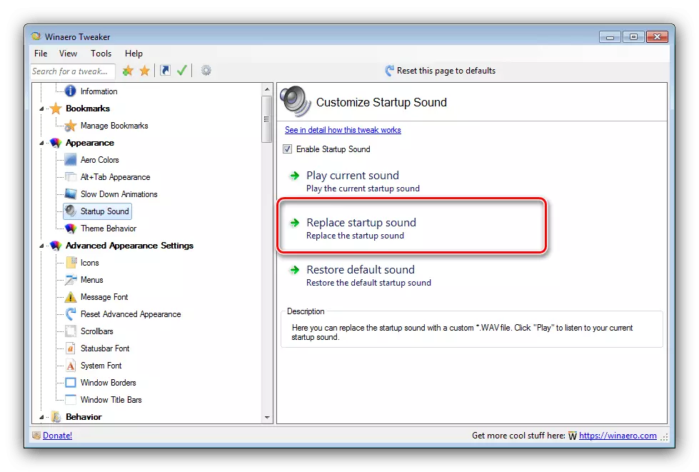 Installazione del nuovo avvio del suono Windows 7 prima di sostituire Winaero Tweaker