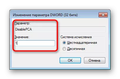 Loomine Disablepca parameetri loomine registris Windowsis 7