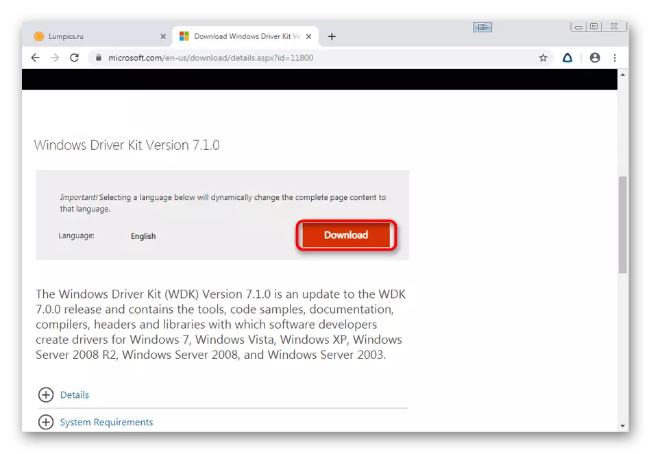 Windows 7 အတွက် Driver Kit tools များကို download လုပ်ရန်တရားဝင်စာမျက်နှာသို့သွားပါ