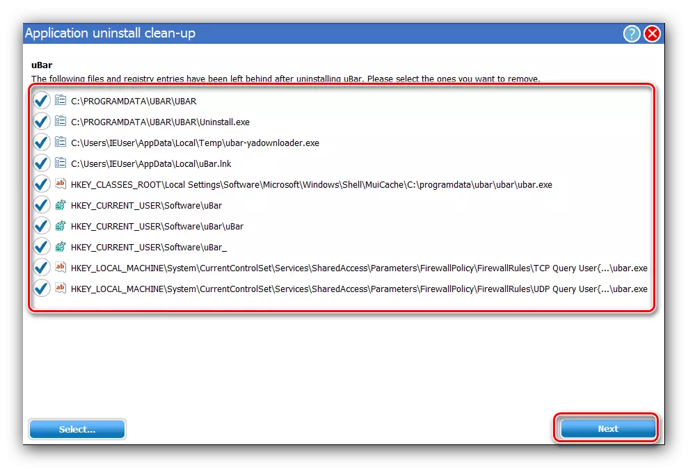 Vymazání zbytků Ubar v registru v systému Windows 7 přes Advanced Uninstaller Pro