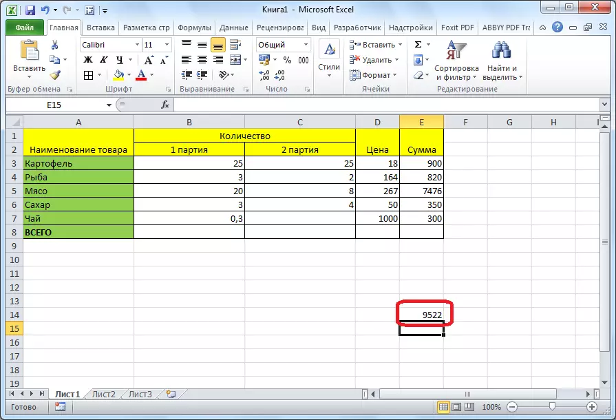 Il risultato del calcolo in Microsoft Excel