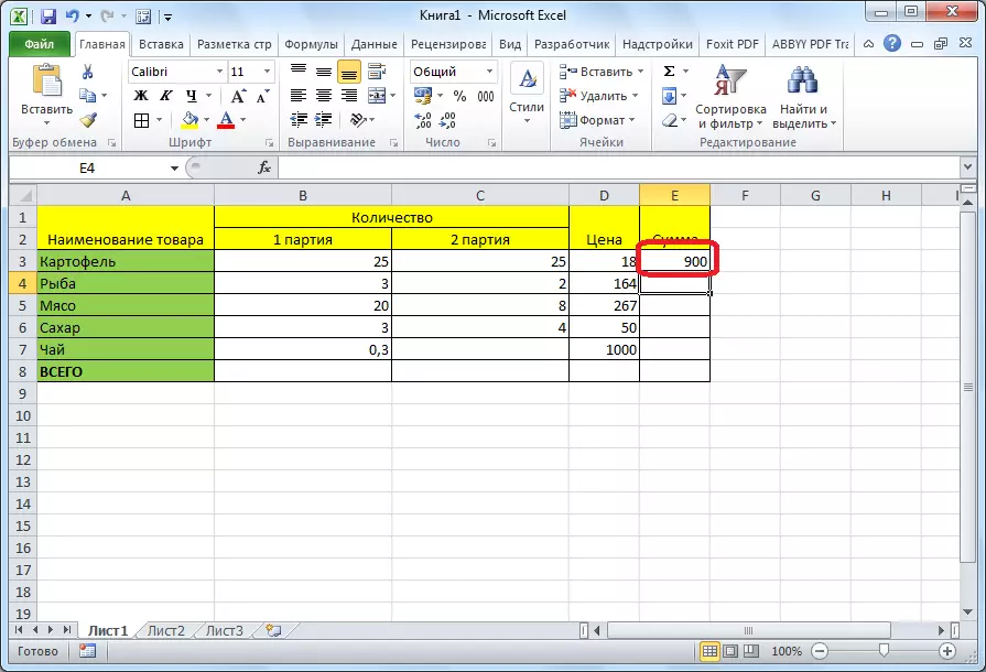 Resultaat in Microsoft Excel