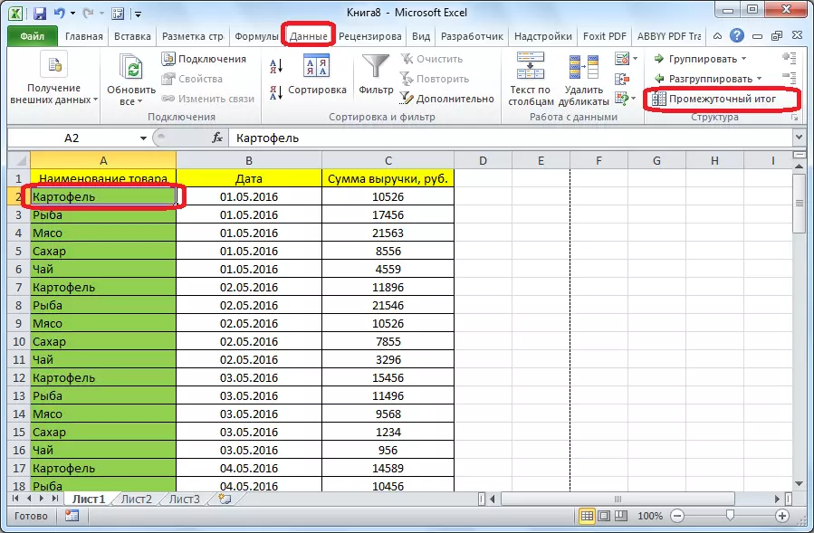 Tranziția la un total intermediar în Microsoft Excel