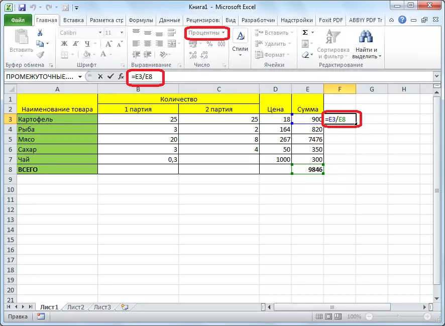 Fórmula porcentual para a táboa en Microsoft Excel