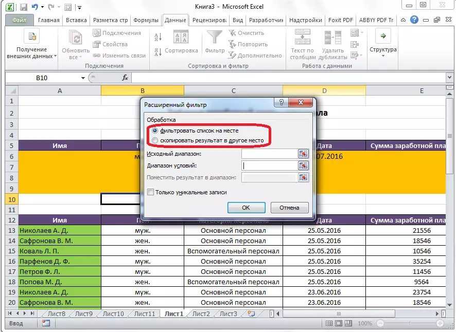 Microsoft Excel의 고급 필터 모드